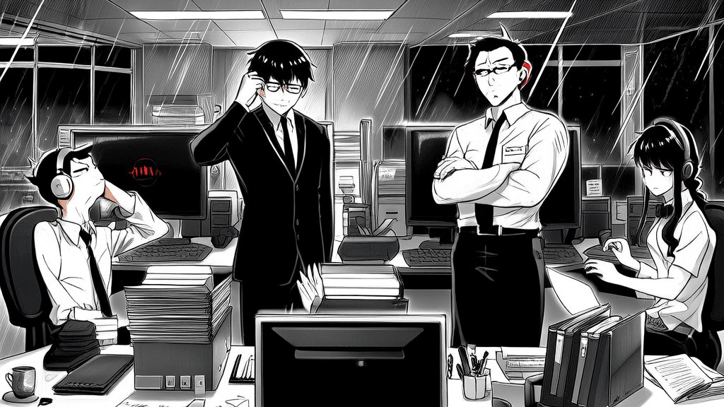 Team in a small office, all eyes on screens