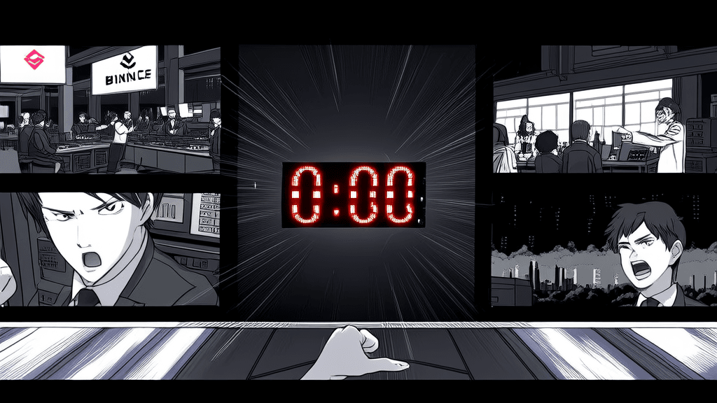 Multiple screens showing the Binance exchange going live, countdown timer hitting zero