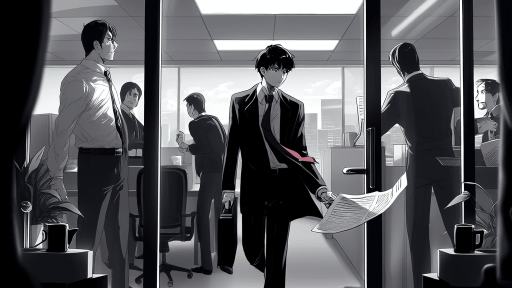 He Yi walking through the office door, dramatic entrance, everyone turning to look