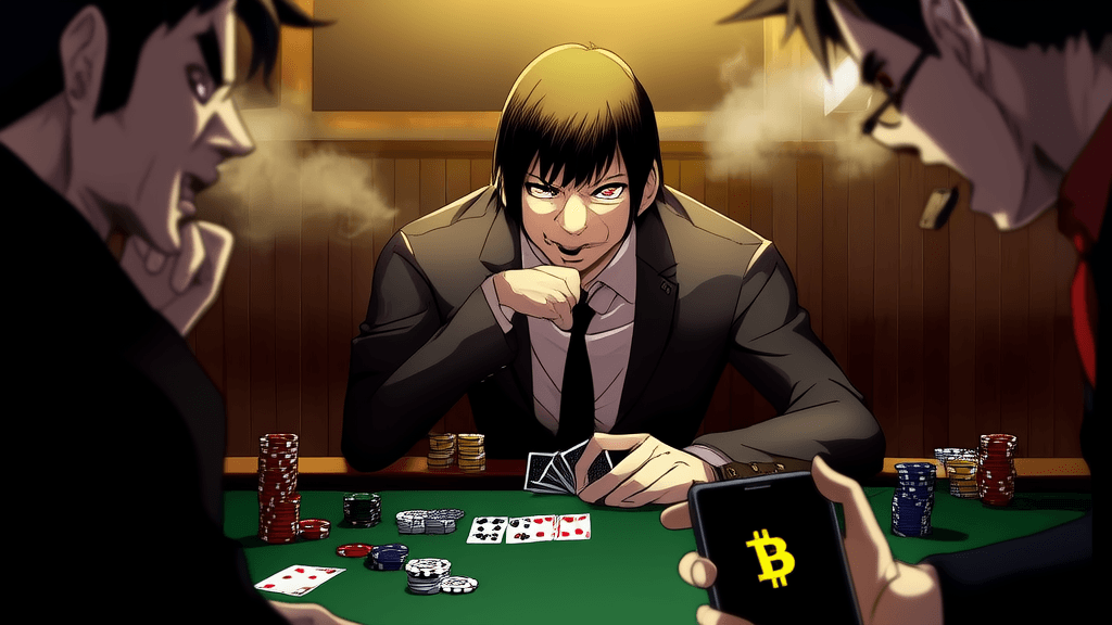 CZ at a poker table, someone mentioning Bitcoin, his eyes widening