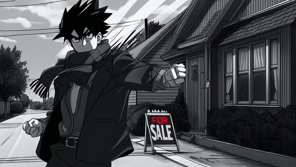 CZ standing in front of his house with a FOR SALE sign, dramatic wind blowing