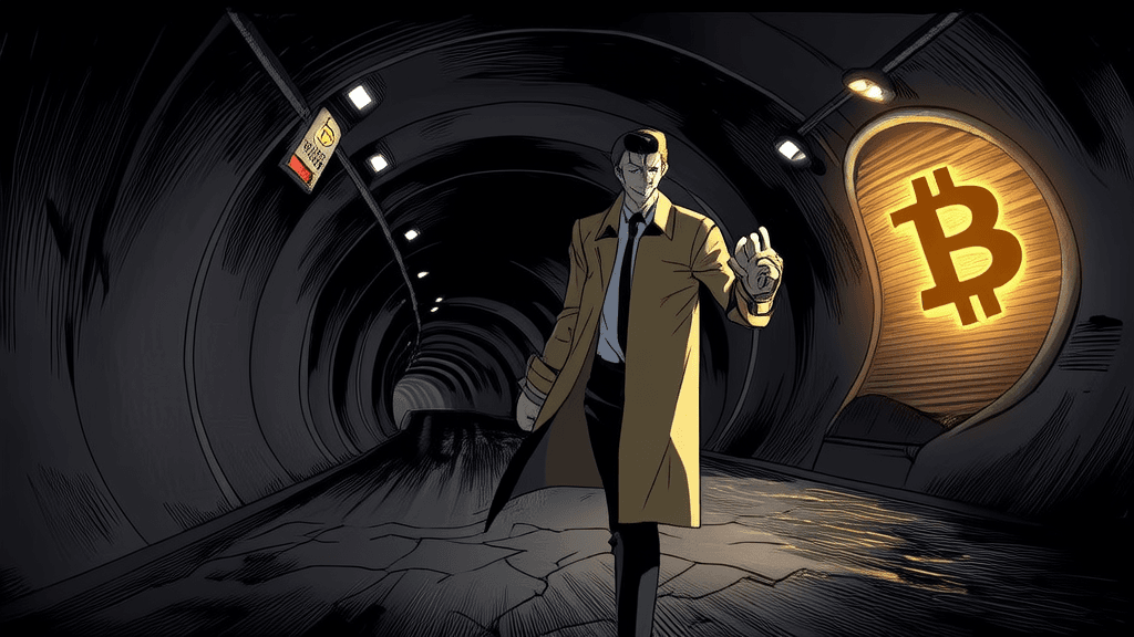 CZ walking toward light at the end of a dark tunnel, Bitcoin symbol glowing