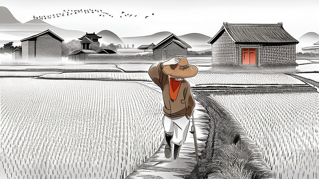 A vast Chinese countryside, Jiangsu province, rice paddies stretching to the horizon, 1977