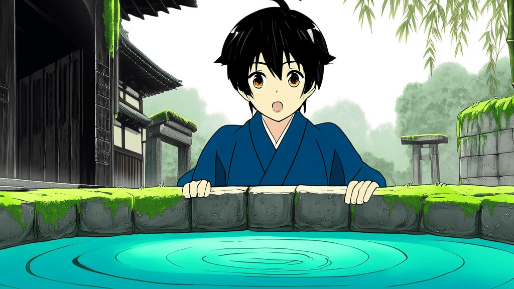 A young boy staring at a well with wonder, his reflection in the water