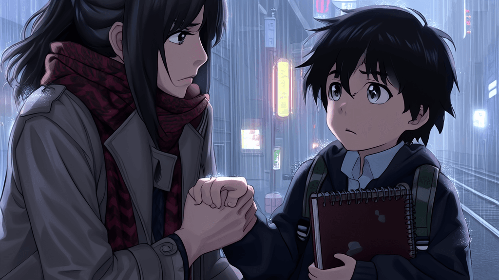 Mother holding young CZ's hand, looking determined