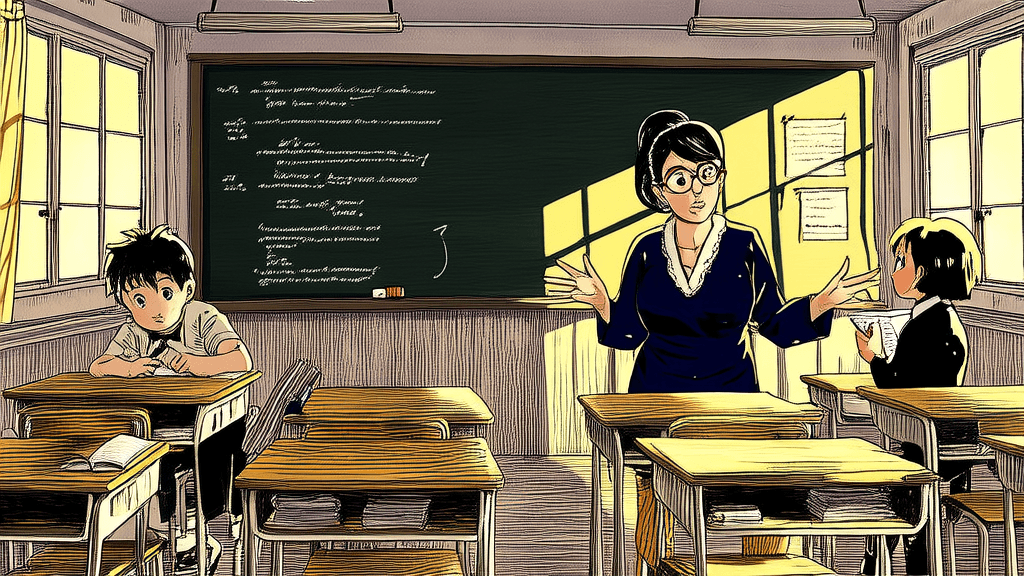 Mother teaching math in a rural middle school, two children watching from the back