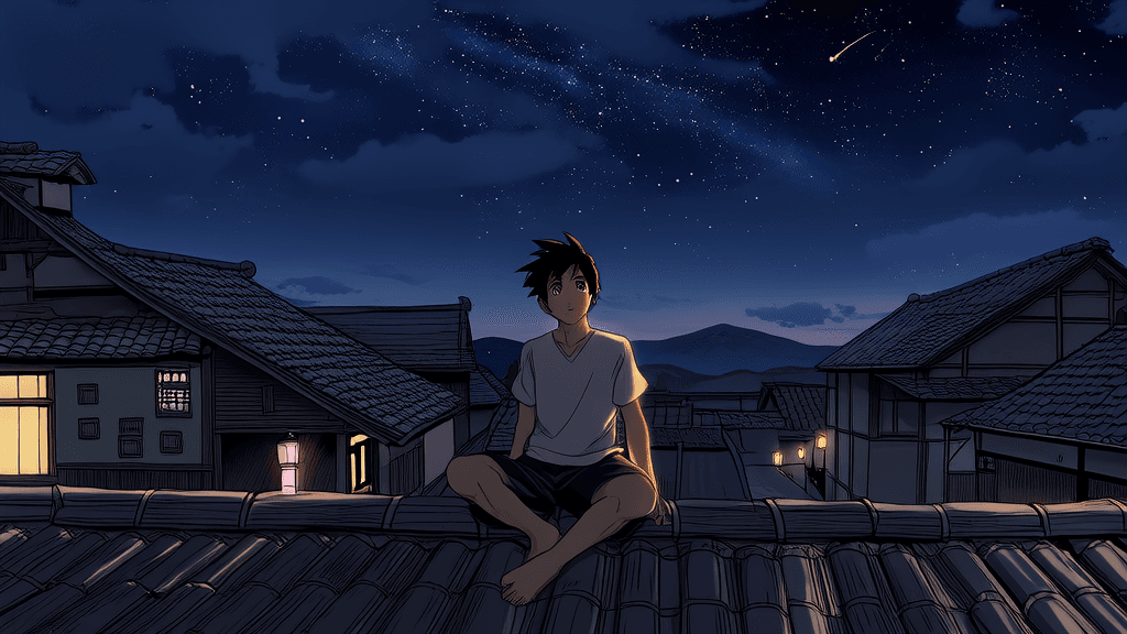 A young CZ looking up at stars from a village rooftop, dreaming of the future