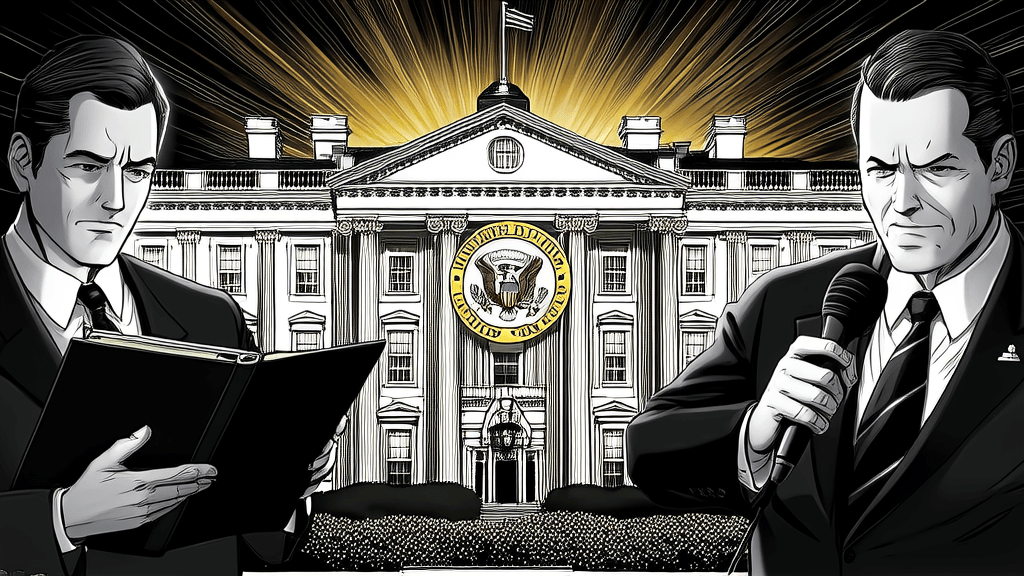 White House, presidential seal, dramatic golden light