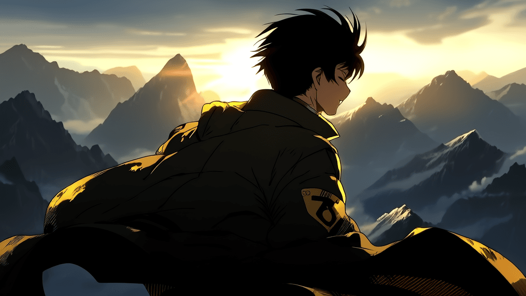 CZ standing on a mountaintop, looking at sunrise, free, wind in his face, dramatic manga style