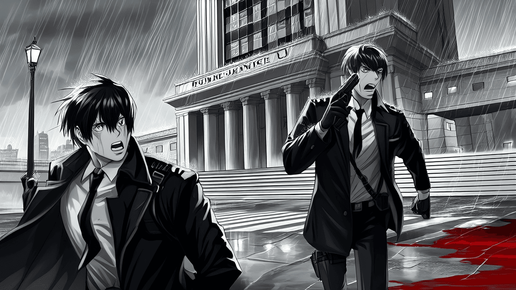 DOJ building, dark clouds, ominous atmosphere