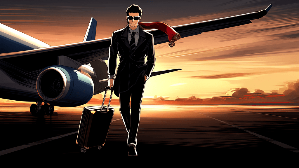 CZ walking alone toward an airplane, carrying a single bag, sunset behind him, silhouette