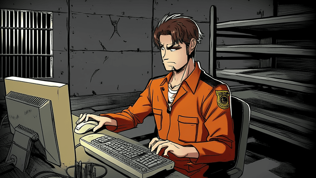 CZ sitting at an old computer in prison, typing his memoir, dim light