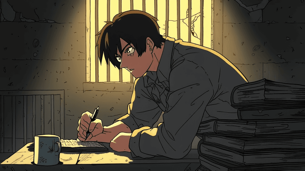 CZ lost weight, but his eyes are brighter, writing in prison, light streaming through window