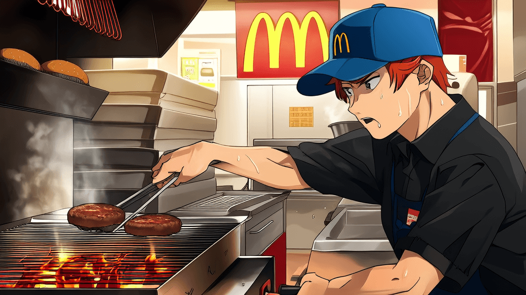 CZ flipping burgers at McDonald's, sweat on his forehead, determined look