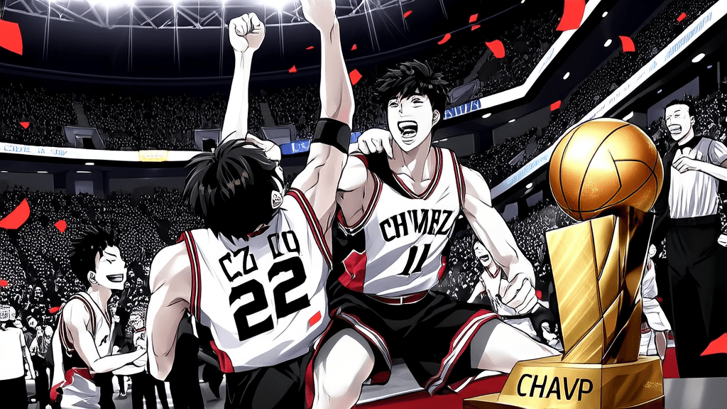 CZ scoring a winning goal/shot, teammates lifting him up, MVP trophy