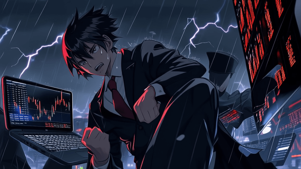 Dark stormy clouds over crypto landscape, prices falling like rain
