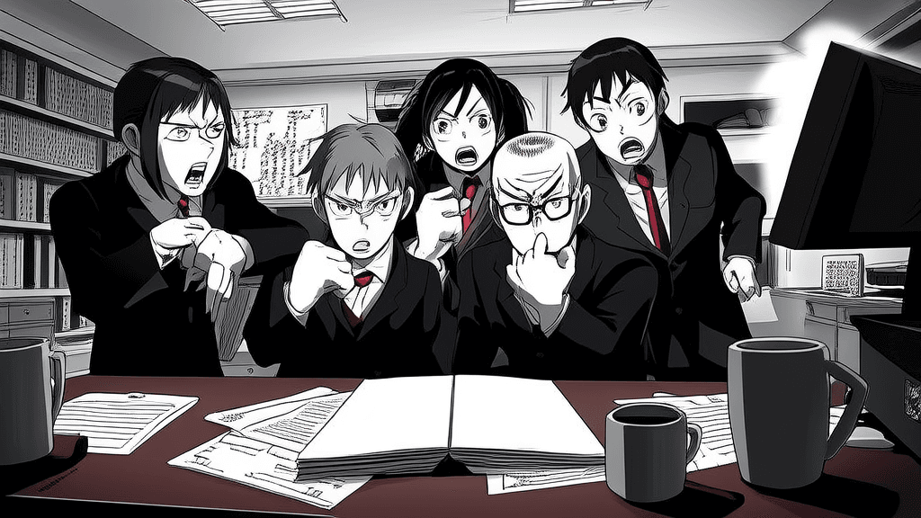 Empty folder on screen, shocked team members