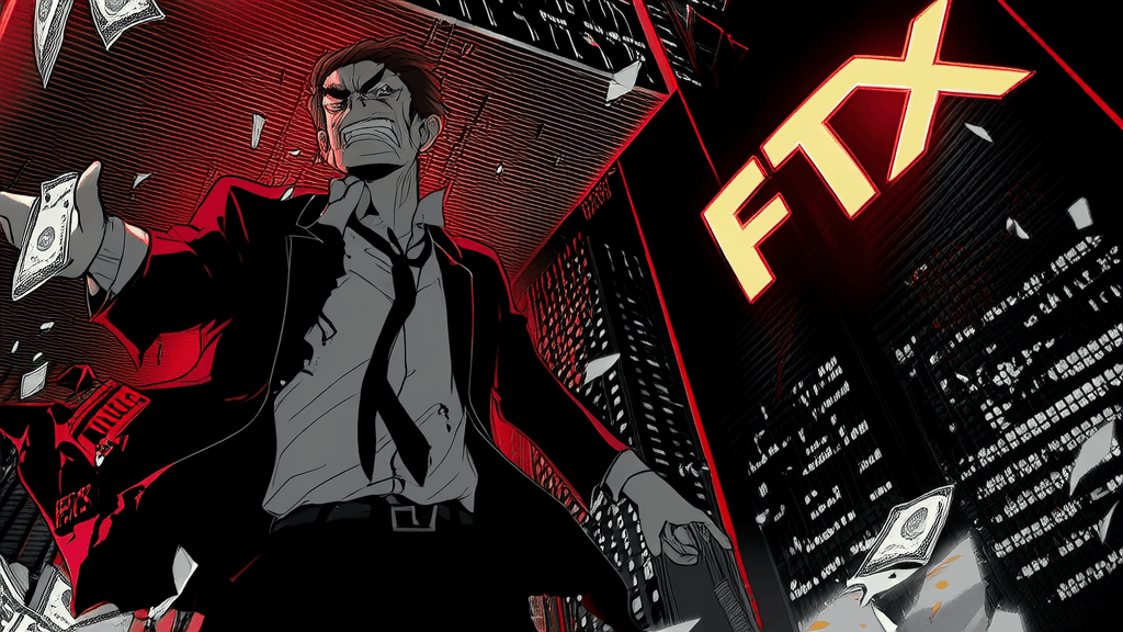 FTX logo crumbling into pieces, SBF figure fading into shadows, chaos everywhere