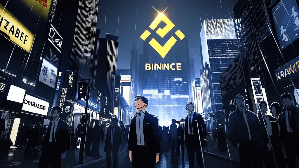 Binance logo rising above all other exchange logos, golden light, dramatic angle
