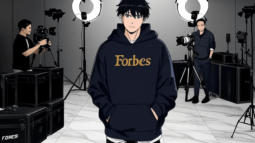 CZ wearing a hoodie at a fancy Forbes photoshoot, looking casual among suited photographers